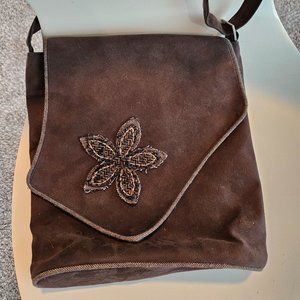 Jaks Cross Body Purse brown suede with Boho style flower